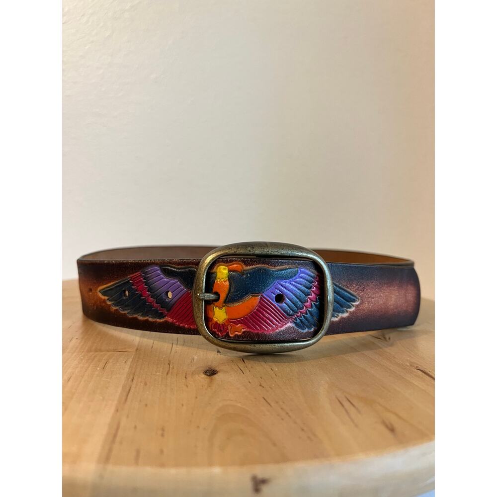 Vintage 90s Painted Eagle Genuine Leather Brass Buckle Belt Size Small